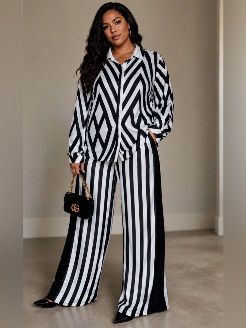 Moderna Works Black White Geometric Co Ord Set M Wide Leg Pants Chevron Blouse